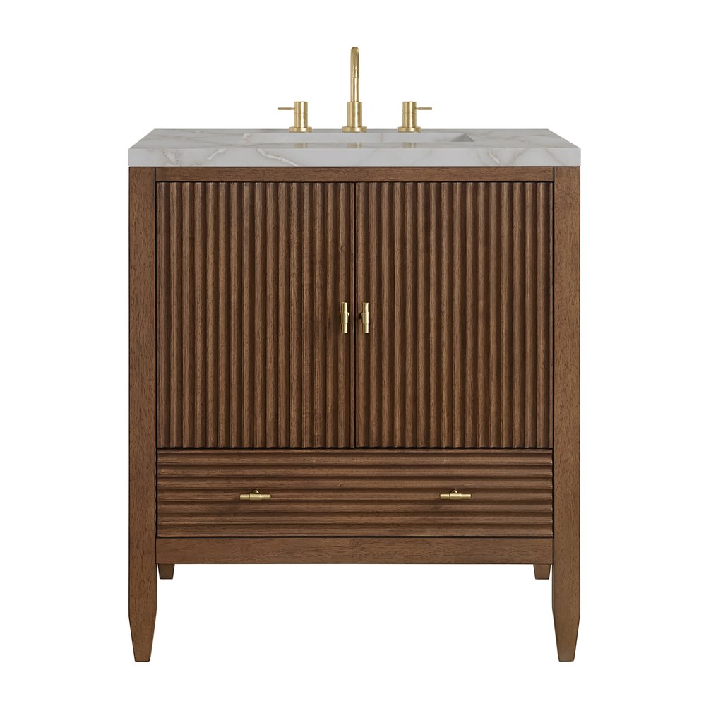 James Martin - Myrrin 30" Single Vanity, Mid-Century Walnut w/ 3 CM Victorian Silver Silestone Top - 485-V30-WLT-3VSL view 1