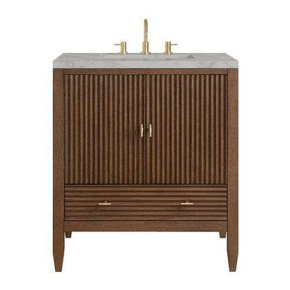 James Martin - Myrrin 30" Single Vanity, Mid-Century Walnut w/ 3 CM Victorian Silver Silestone Top - 485-V30-WLT-3VSL view 1
