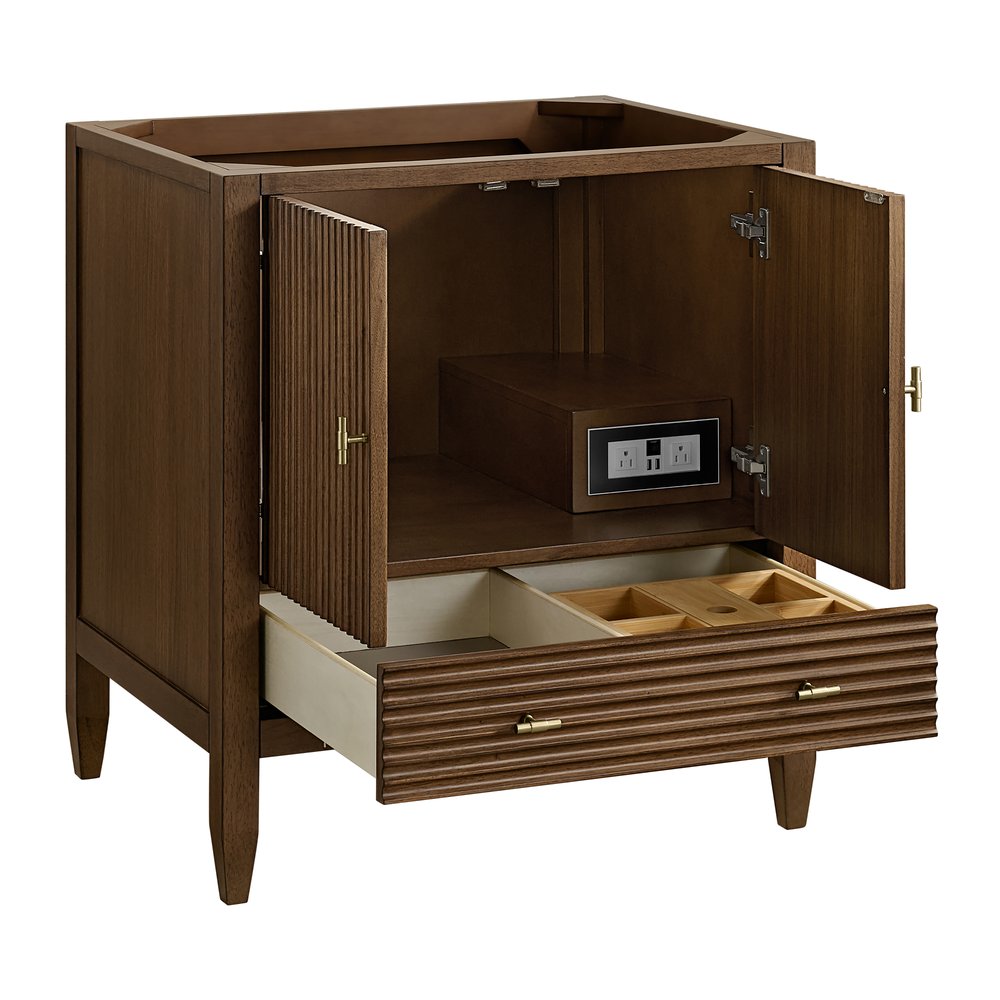 James Martin - Myrrin 30" Single Vanity, Mid-Century Walnut w/ 3 CM Victorian Silver Silestone Top - 485-V30-WLT-3VSL view 8