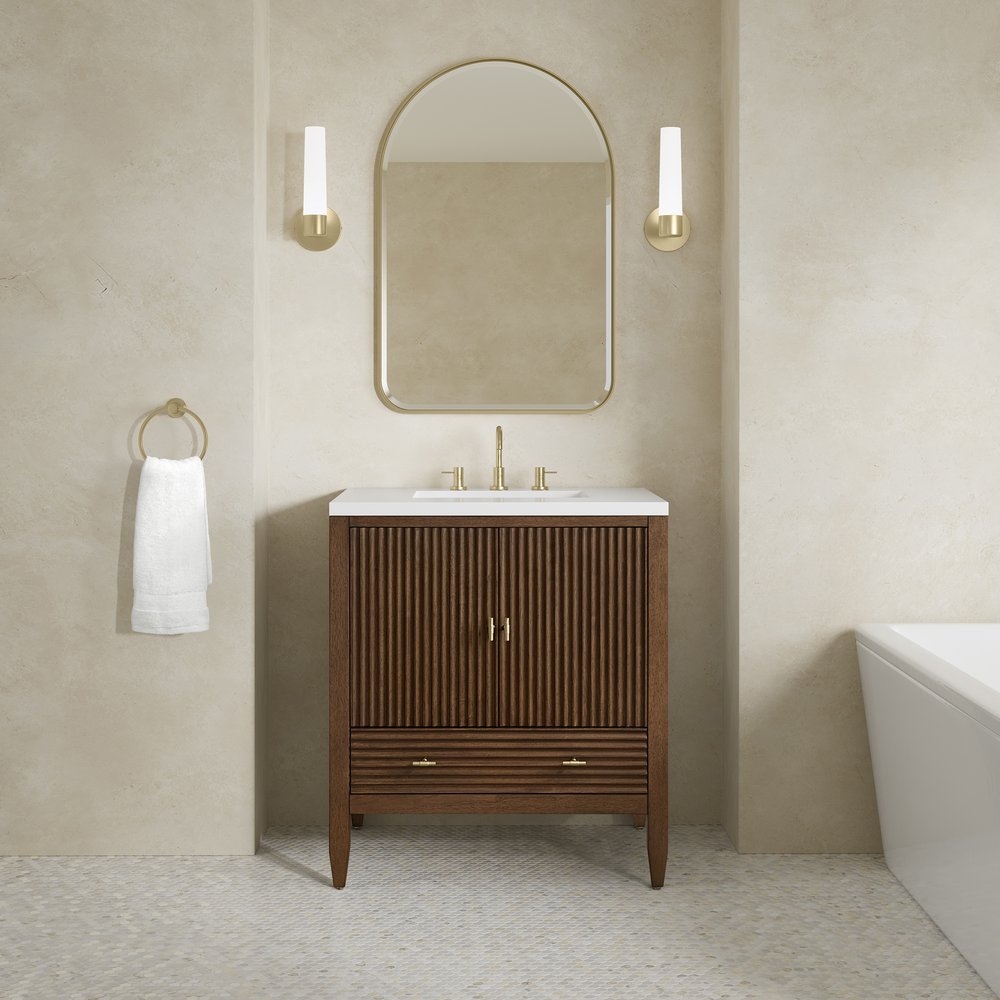 James Martin - Myrrin 30" Single Vanity, Mid-Century Walnut w/ 3 CM White Zeus Silestone Top - 485-V30-WLT-3WZ view 4