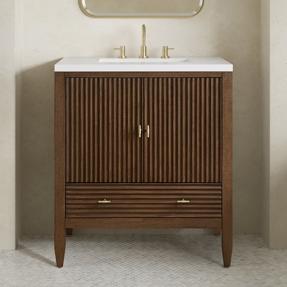 James Martin - Myrrin 30" Single Vanity, Mid-Century Walnut w/ 3 CM White Zeus Silestone Top - 485-V30-WLT-3WZ view 5