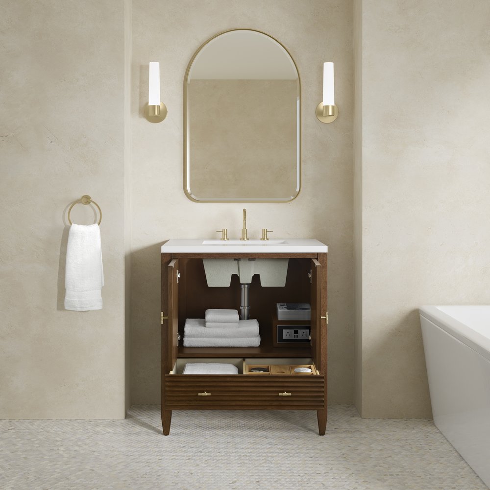 James Martin - Myrrin 30" Single Vanity, Mid-Century Walnut w/ 3 CM White Zeus Silestone Top - 485-V30-WLT-3WZ view 9