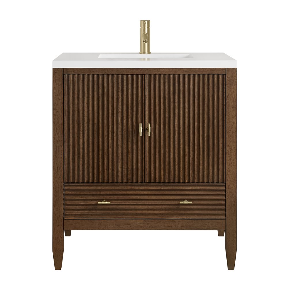 James Martin - Myrrin 30" Single Vanity, Mid-Century Walnut w/ Single Hole 3 CM White Zeus Silestone Top and Matching Backsplash - 485-V30-WLT-1WZ view 1