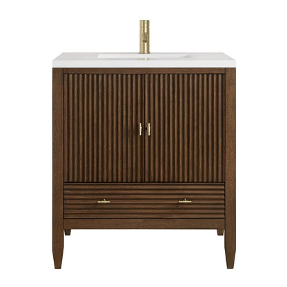 James Martin - Myrrin 30" Single Vanity, Mid-Century Walnut w/ Single Hole 3 CM White Zeus Silestone Top and Matching Backsplash - 485-V30-WLT-1WZ view 1