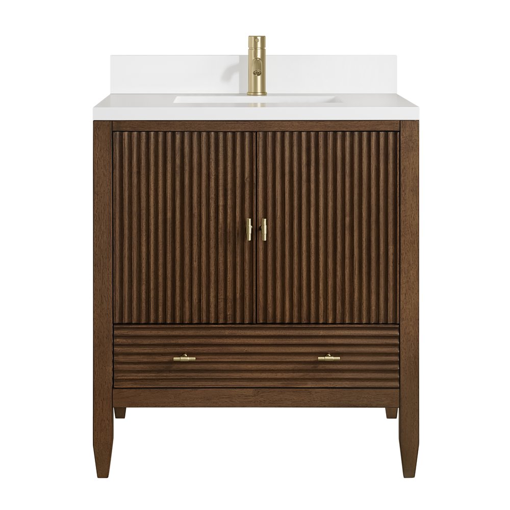 James Martin - Myrrin 30" Single Vanity, Mid-Century Walnut w/ Single Hole 3 CM White Zeus Silestone Top and Matching Backsplash - 485-V30-WLT-1WZ view 2