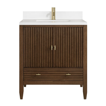 James Martin - Myrrin 30" Single Vanity, Mid-Century Walnut w/ Single Hole 3 CM White Zeus Silestone Top and Matching Backsplash - 485-V30-WLT-1WZ view 2