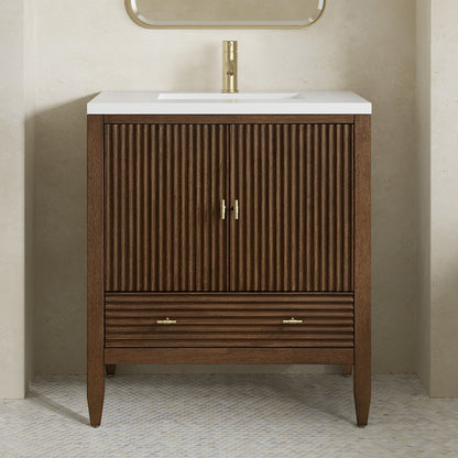James Martin - Myrrin 30" Single Vanity, Mid-Century Walnut w/ Single Hole 3 CM White Zeus Silestone Top and Matching Backsplash - 485-V30-WLT-1WZ view 5