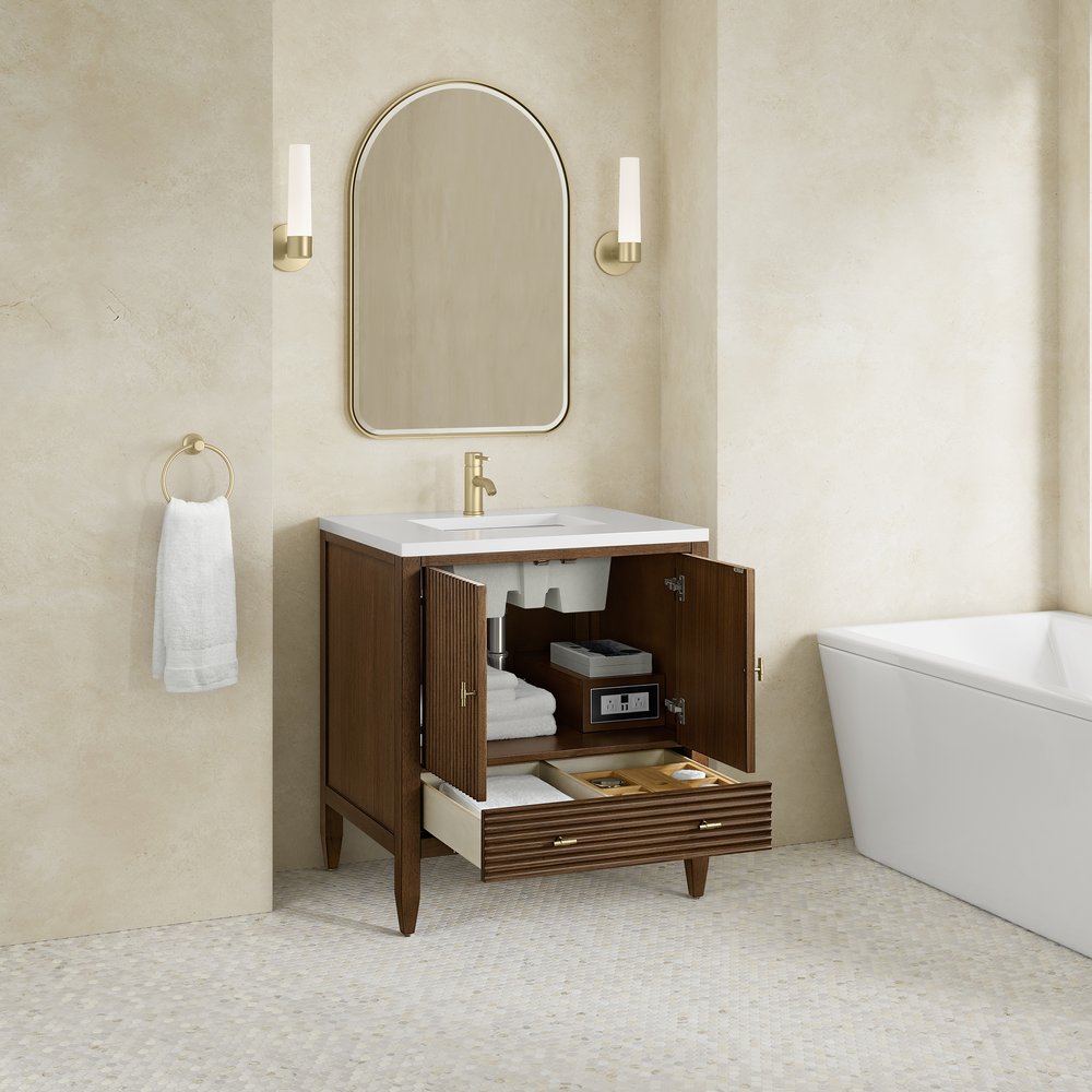 James Martin - Myrrin 30" Single Vanity, Mid-Century Walnut w/ Single Hole 3 CM White Zeus Silestone Top and Matching Backsplash - 485-V30-WLT-1WZ view 8
