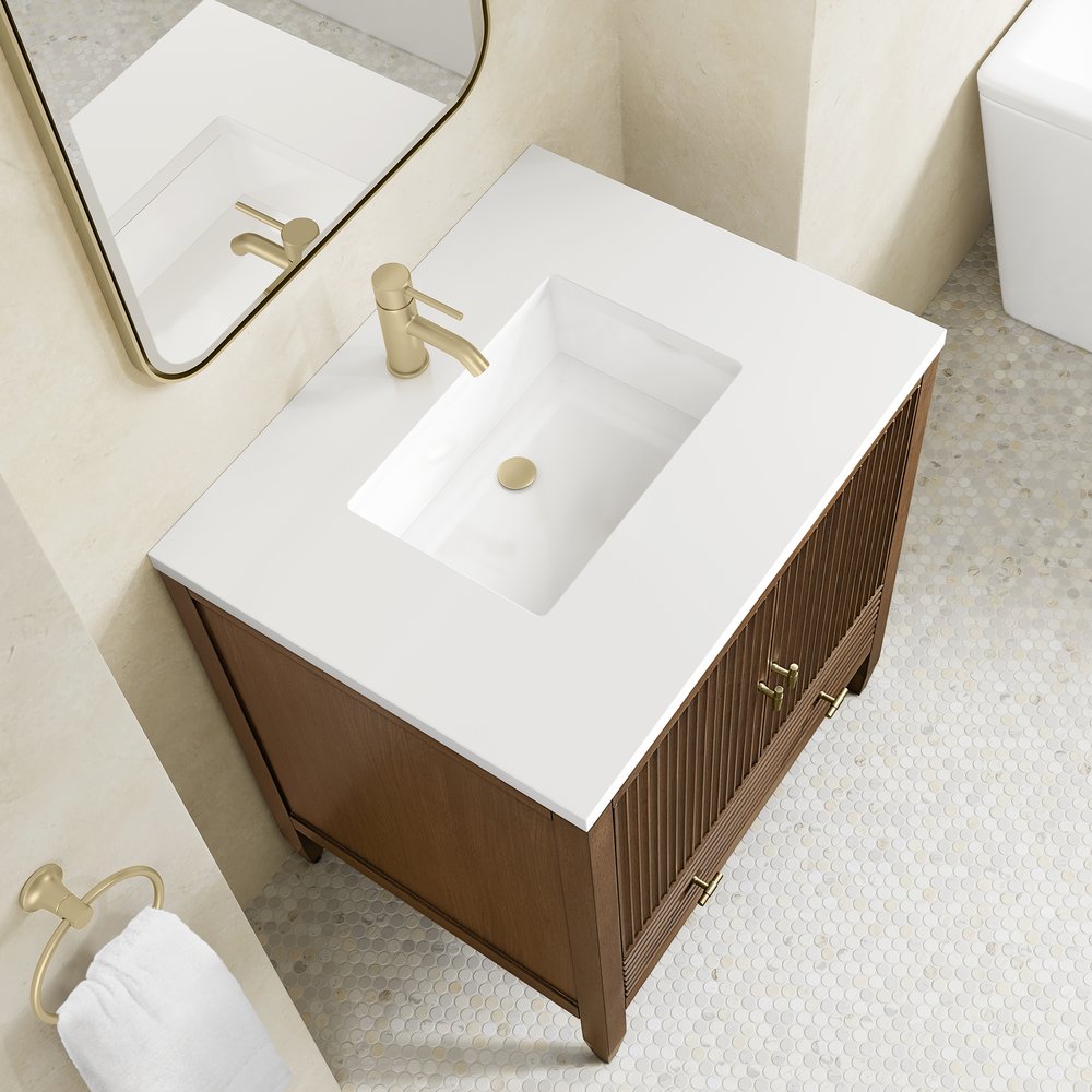James Martin - Myrrin 30" Single Vanity, Mid-Century Walnut w/ Single Hole 3 CM White Zeus Silestone Top and Matching Backsplash - 485-V30-WLT-1WZ view 11