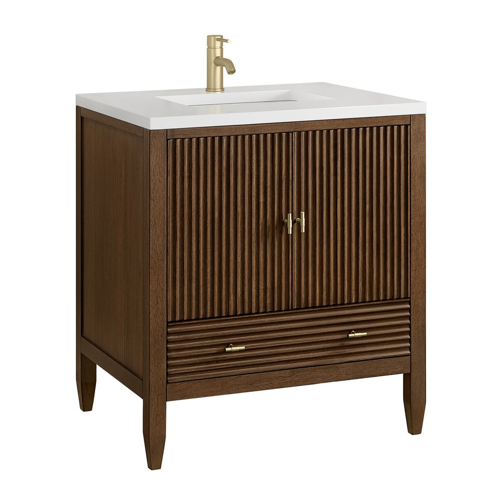 James Martin - Myrrin 30" Single Vanity, Mid-Century Walnut w/ Single Hole 3 CM White Zeus Silestone Top and Matching Backsplash - 485-V30-WLT-1WZ view 14