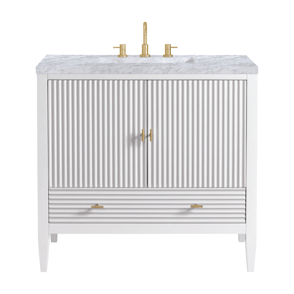 James Martin - Myrrin 36" Vanity, Bright White w/ 3 CM Carrara White Marble Top - 485-V36-BW-3CAR view 1
