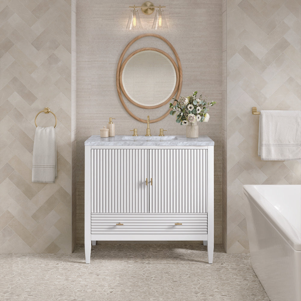 James Martin - Myrrin 36" Vanity, Bright White w/ 3 CM Carrara White Marble Top - 485-V36-BW-3CAR view 3