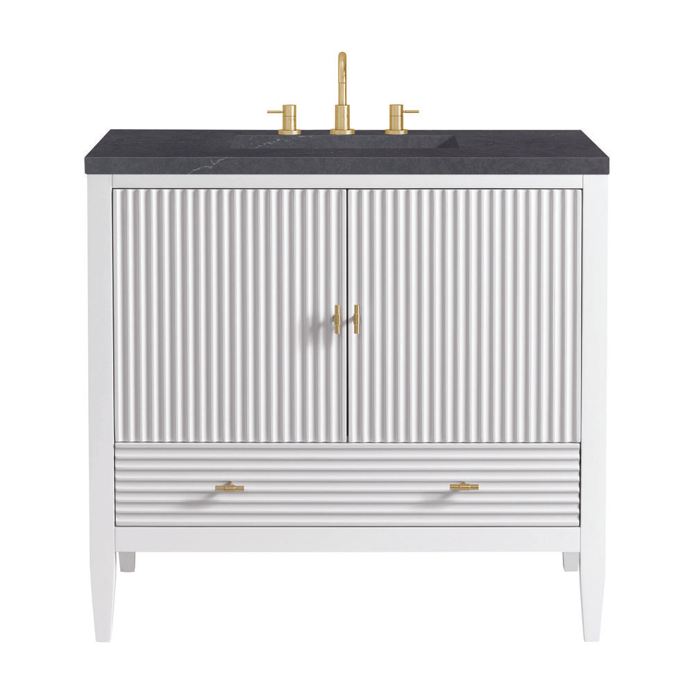 James Martin - Myrrin 36" Vanity, Bright White w/ 3 CM Charcoal Soapstone Silestone Top - 485-V36-BW-3CSP view 1