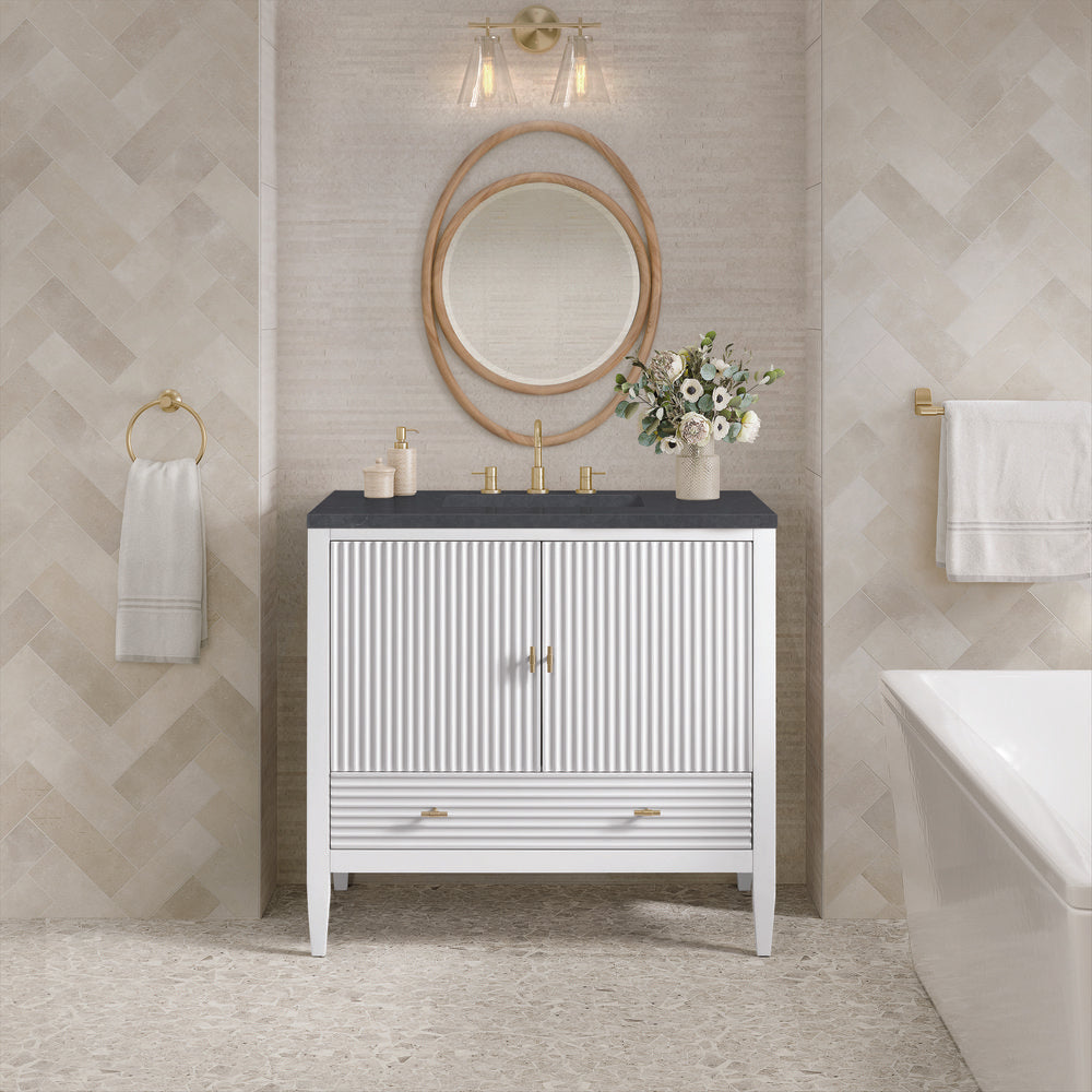 James Martin - Myrrin 36" Vanity, Bright White w/ 3 CM Charcoal Soapstone Silestone Top - 485-V36-BW-3CSP view 3