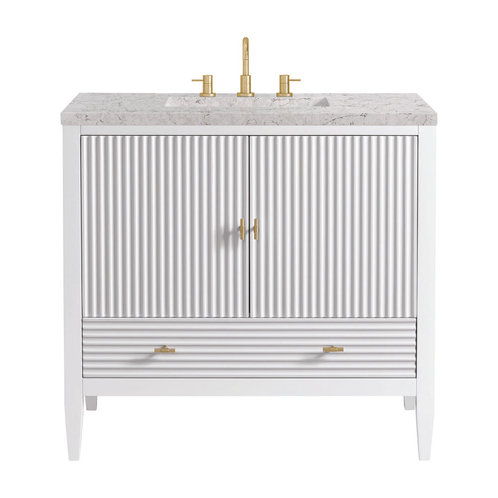 James Martin - Myrrin 36" Vanity, Bright White w/ 3 CM Eternal Jasmine Pearl Silestone Top - 485-V36-BW-3EJP view 1