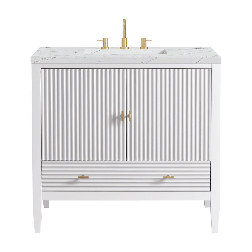 James Martin - Myrrin 36" Vanity, Bright White w/ 3 CM Ethereal Noctis Silestone Top - 485-V36-BW-3ENC view 1