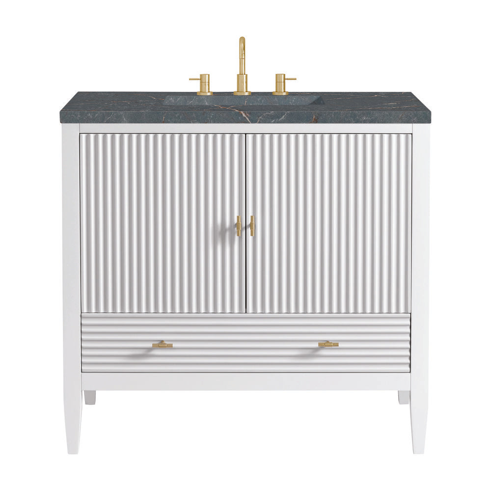 James Martin - Myrrin 36" Vanity, Bright White w/ 3 CM Parisien Bleu Silestone Top - 485-V36-BW-3PBL view 1