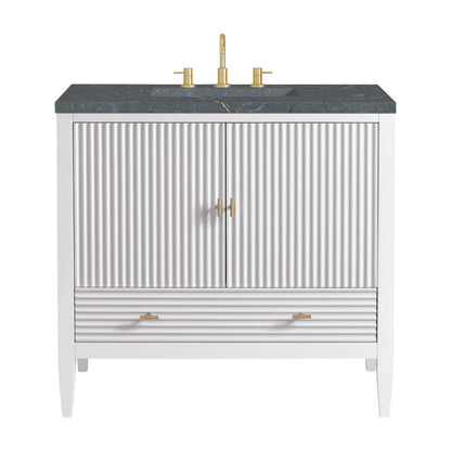 James Martin - Myrrin 36" Vanity, Bright White w/ 3 CM Parisien Bleu Silestone Top - 485-V36-BW-3PBL view 1