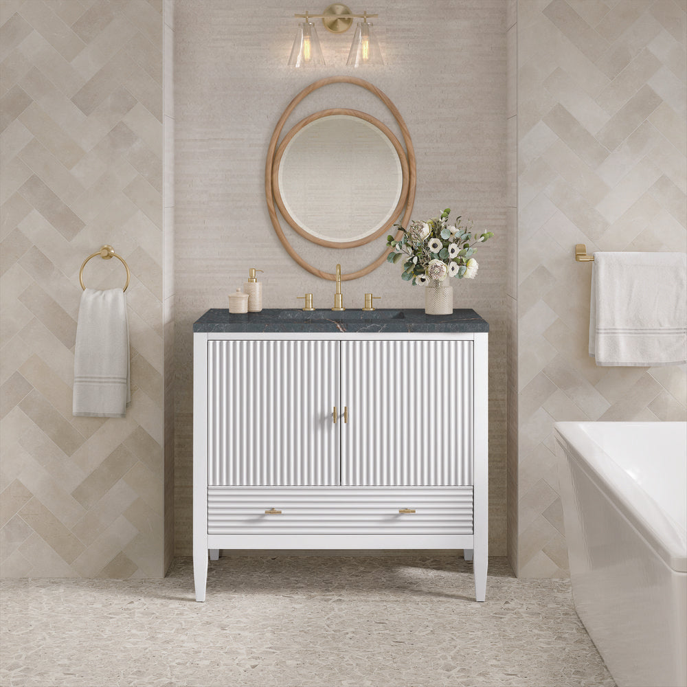James Martin - Myrrin 36" Vanity, Bright White w/ 3 CM Parisien Bleu Silestone Top - 485-V36-BW-3PBL view 3