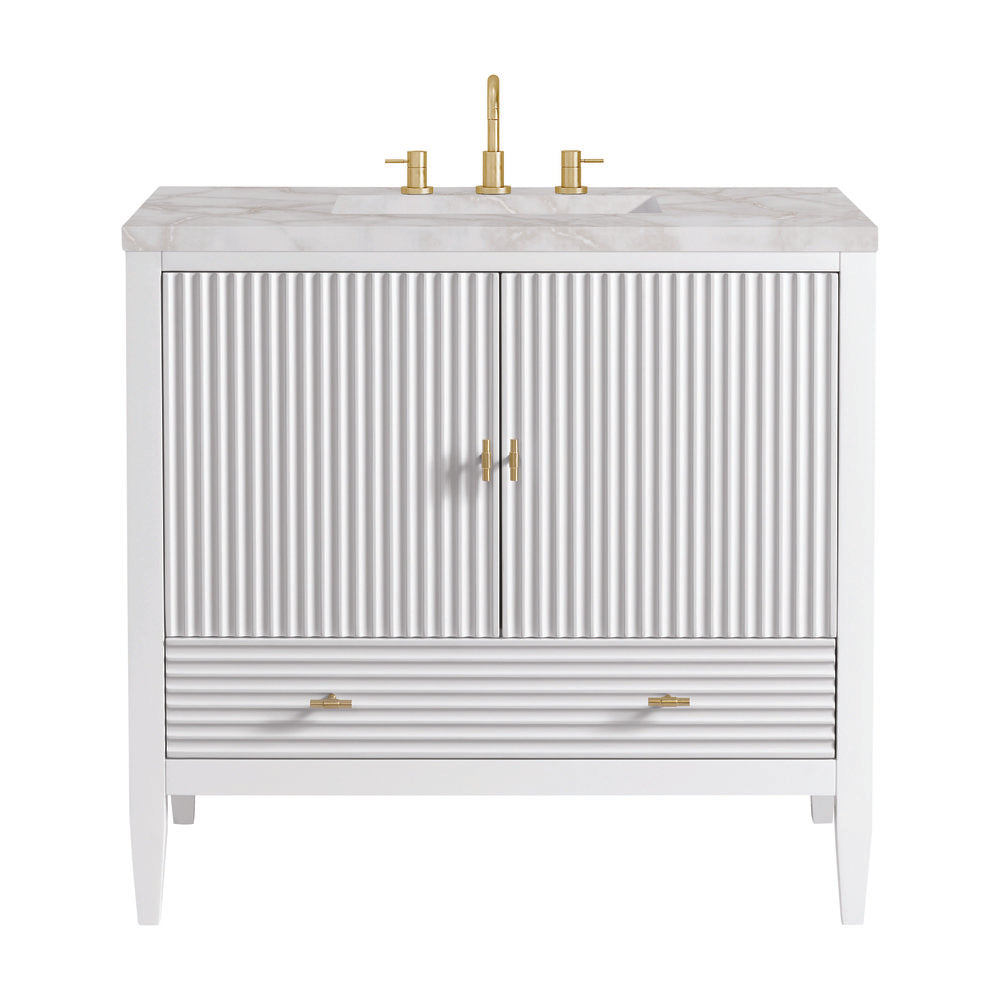 James Martin - Myrrin 36" Vanity, Bright White w/ 3 CM Victorian Silver Silestone Top - 485-V36-BW-3VSL view 1