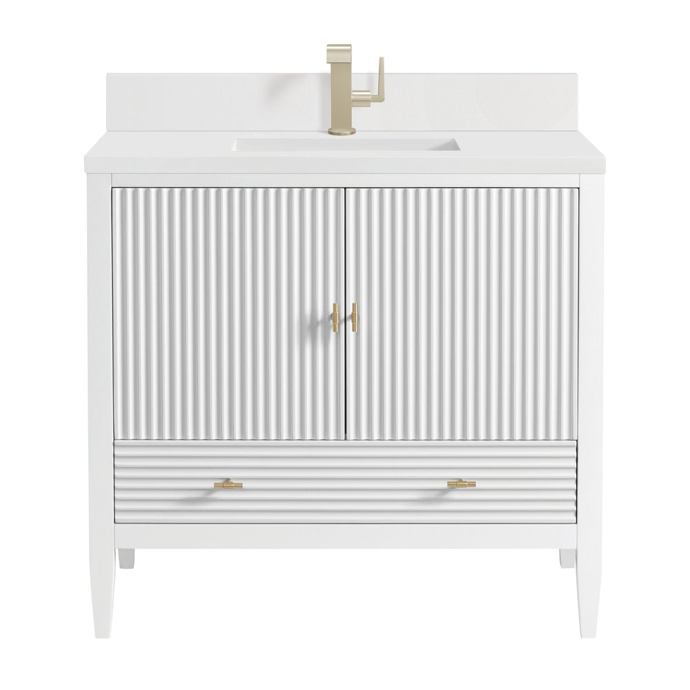 James Martin - Myrrin 36" Vanity, Bright White w/ Single Hole 3 CM White Zeus Silestone Top & Backsplash - 485-V36-BW-1WZ view 1