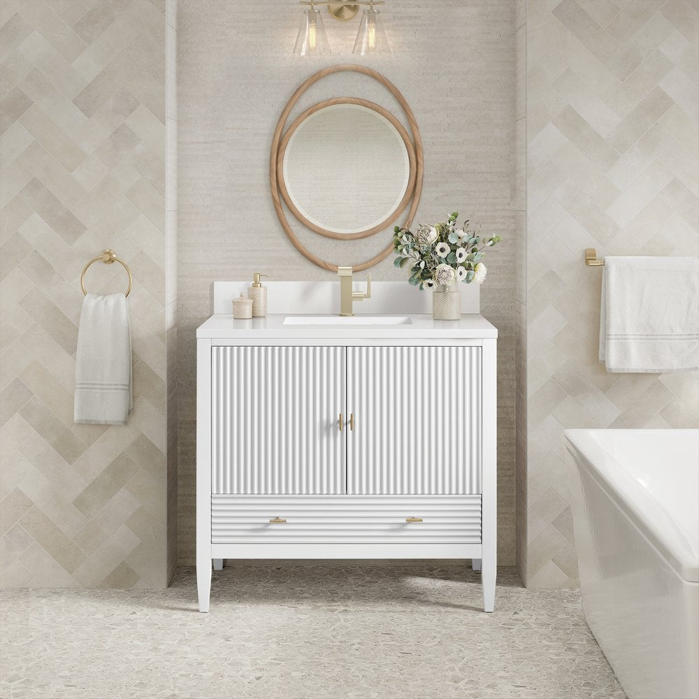 James Martin - Myrrin 36" Vanity, Bright White w/ Single Hole 3 CM White Zeus Silestone Top & Backsplash - 485-V36-BW-1WZ view 3