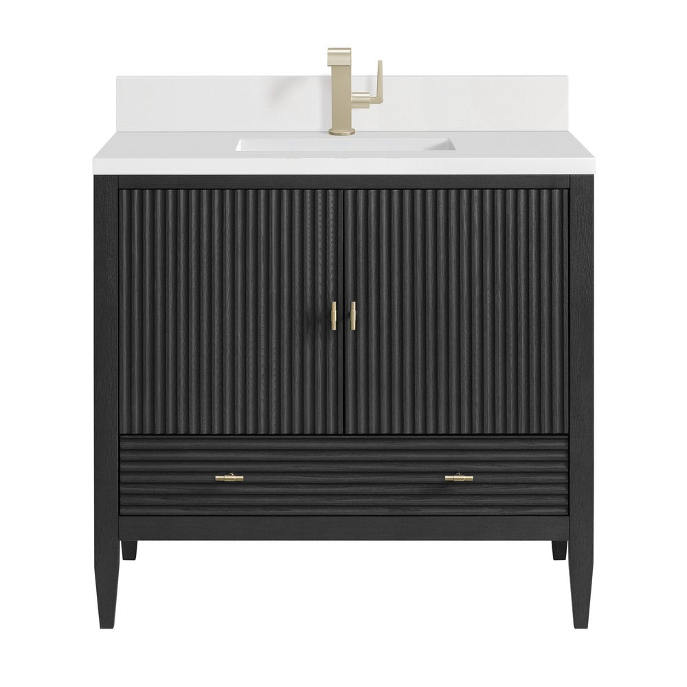 James Martin - Myrrin 36" Vanity, Carbon Oak w/ Single Hole 3 CM White Zeus Silestone Top & Backsplash - 485-V36-CBO-1WZ view 1