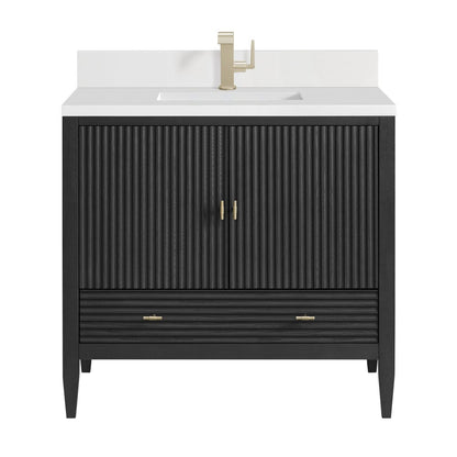 James Martin - Myrrin 36" Vanity, Carbon Oak w/ Single Hole 3 CM White Zeus Silestone Top & Backsplash - 485-V36-CBO-1WZ view 1