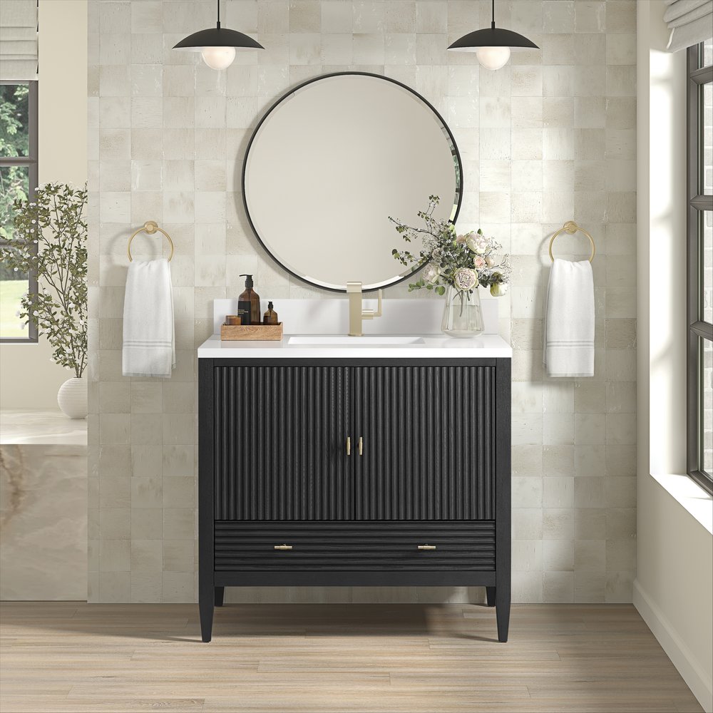 James Martin - Myrrin 36" Vanity, Carbon Oak w/ Single Hole 3 CM White Zeus Silestone Top & Backsplash - 485-V36-CBO-1WZ view 3
