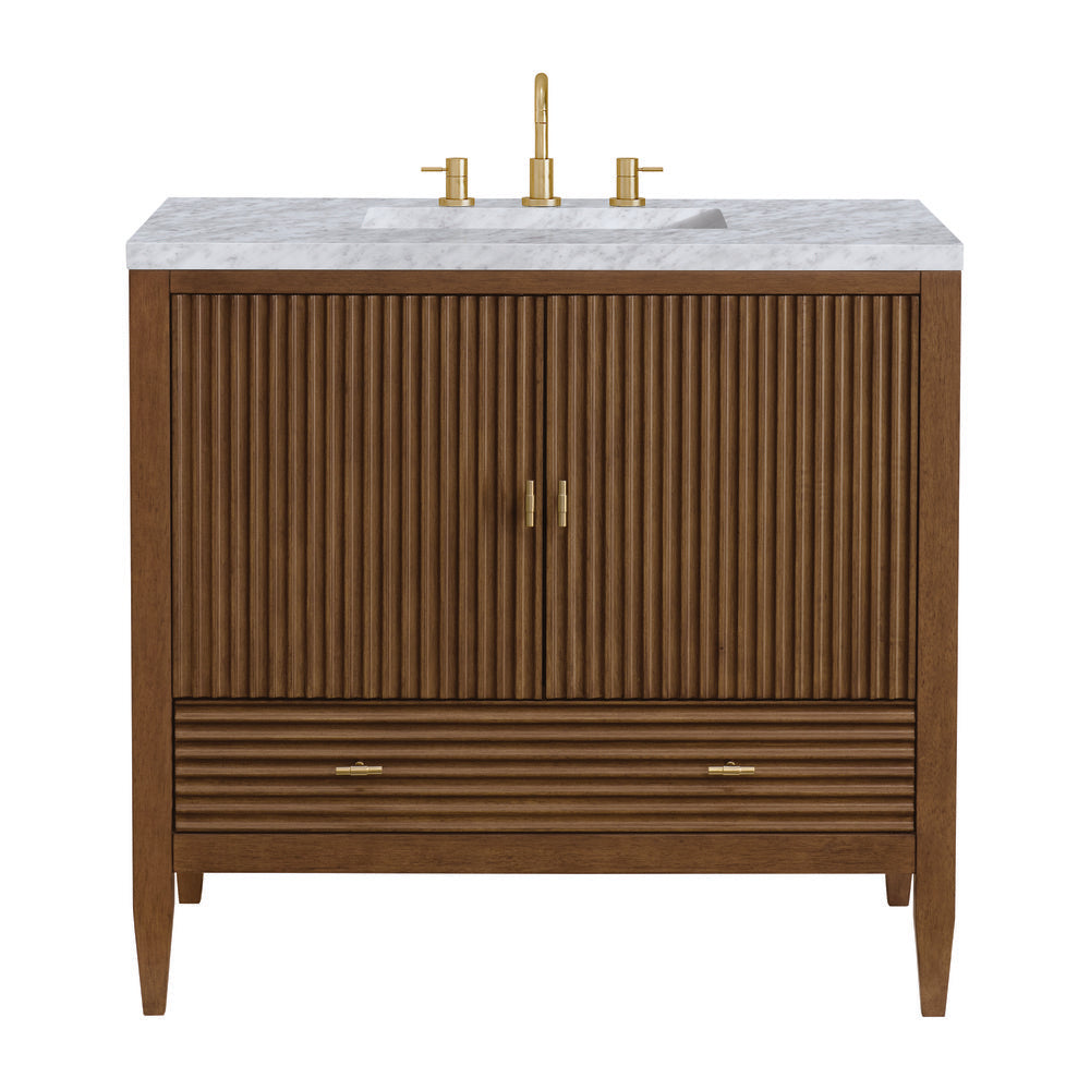 James Martin - Myrrin 36" Vanity, Mid Century Walnut w/ 3 CM Carrara White Marble Top - 485-V36-WLT-3CAR view 1