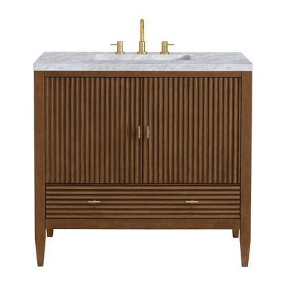 James Martin - Myrrin 36" Vanity, Mid Century Walnut w/ 3 CM Carrara White Marble Top - 485-V36-WLT-3CAR view 1