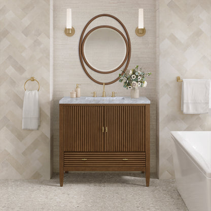 James Martin - Myrrin 36" Vanity, Mid Century Walnut w/ 3 CM Carrara White Marble Top - 485-V36-WLT-3CAR view 3