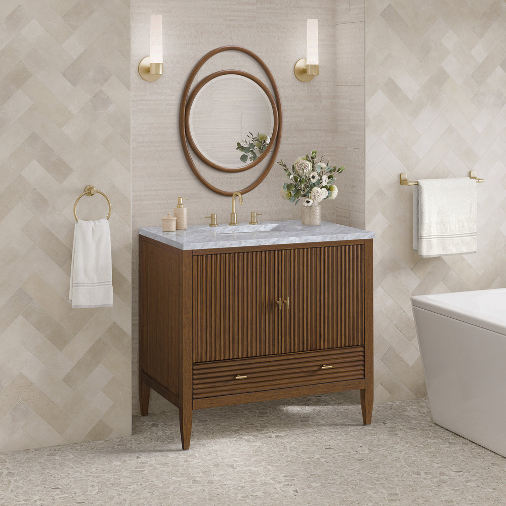 James Martin - Myrrin 36" Vanity, Mid Century Walnut w/ 3 CM Carrara White Marble Top - 485-V36-WLT-3CAR view 4