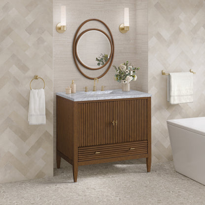 James Martin - Myrrin 36" Vanity, Mid Century Walnut w/ 3 CM Carrara White Marble Top - 485-V36-WLT-3CAR view 4