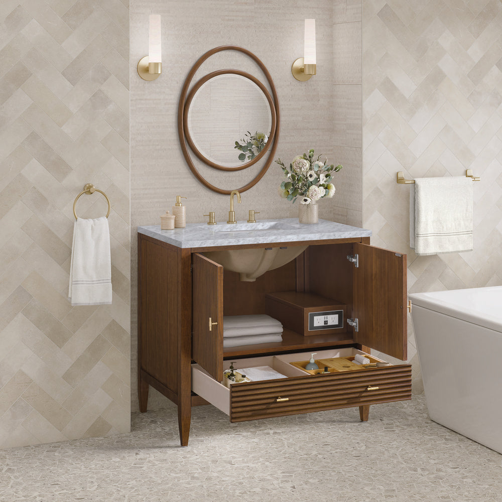 James Martin - Myrrin 36" Vanity, Mid Century Walnut w/ 3 CM Carrara White Marble Top - 485-V36-WLT-3CAR view 5