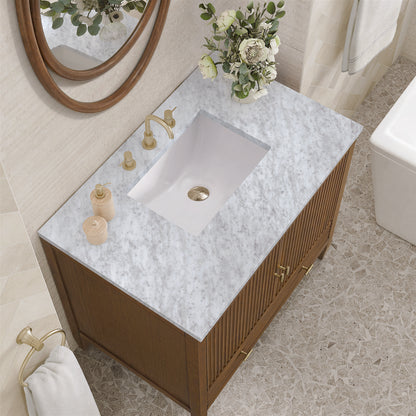 James Martin - Myrrin 36" Vanity, Mid Century Walnut w/ 3 CM Carrara White Marble Top - 485-V36-WLT-3CAR view 7