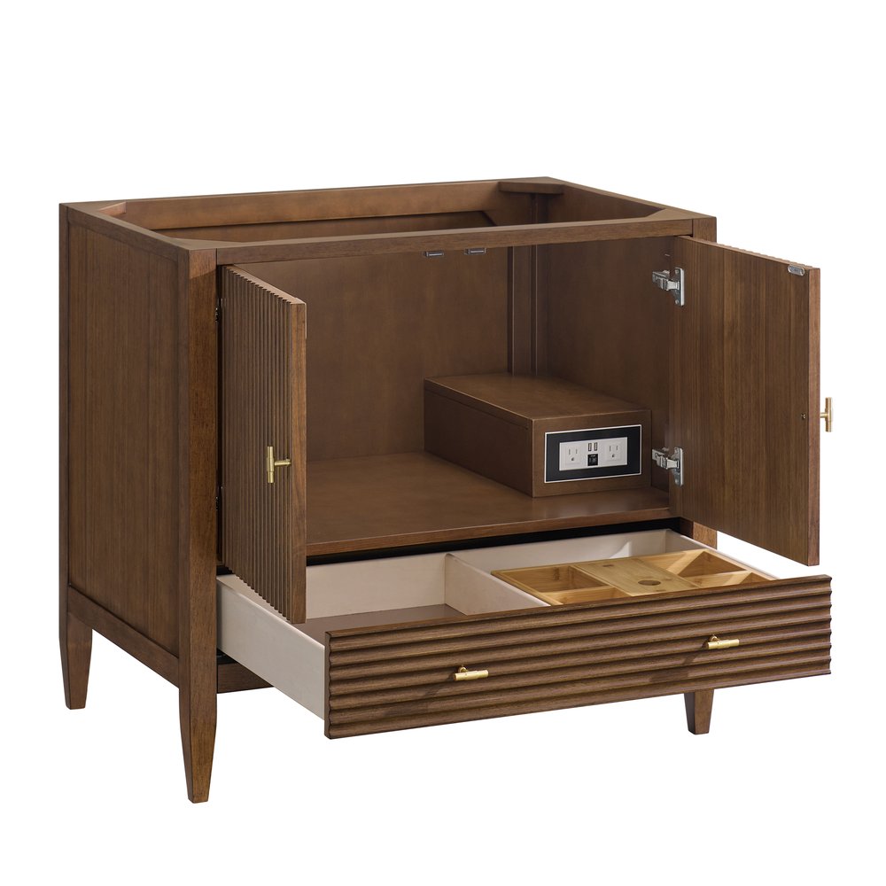 James Martin - Myrrin 36" Vanity, Mid Century Walnut w/ 3 CM Carrara White Marble Top - 485-V36-WLT-3CAR view 8