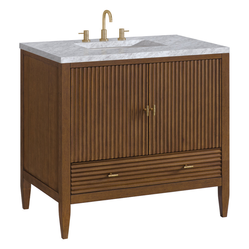 James Martin - Myrrin 36" Vanity, Mid Century Walnut w/ 3 CM Carrara White Marble Top - 485-V36-WLT-3CAR view 10