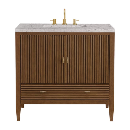 James Martin - Myrrin 36" Vanity, Mid Century Walnut w/ 3 CM Eternal Jasmine Pearl Silestone Top - 485-V36-WLT-3EJP view 1