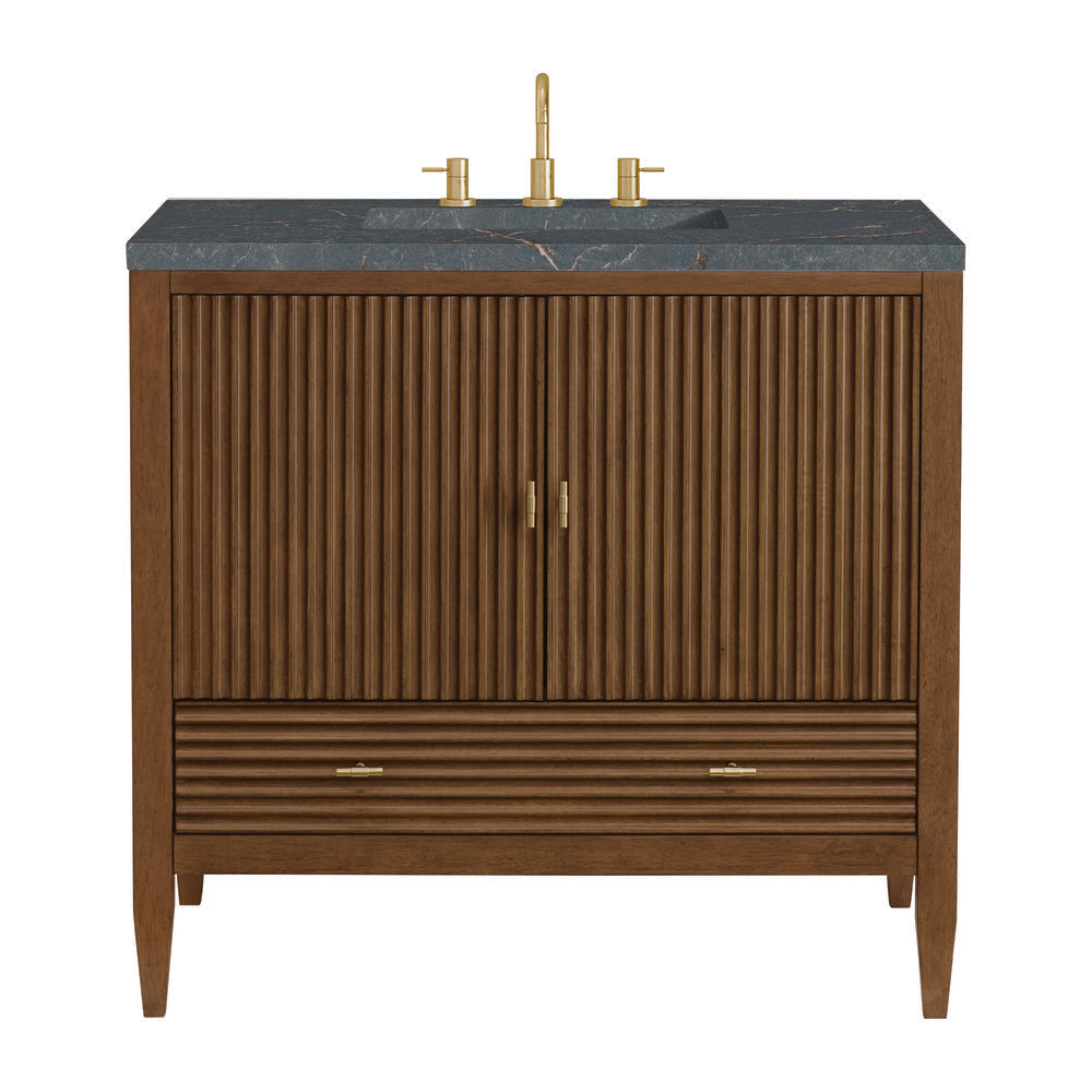 James Martin - Myrrin 36" Vanity, Mid Century Walnut w/ 3 CM Parisien Bleu Silestone Top - 485-V36-WLT-3PBL view 1