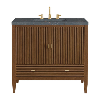 James Martin - Myrrin 36" Vanity, Mid Century Walnut w/ 3 CM Parisien Bleu Silestone Top - 485-V36-WLT-3PBL view 1