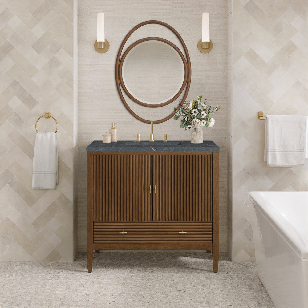 James Martin - Myrrin 36" Vanity, Mid Century Walnut w/ 3 CM Parisien Bleu Silestone Top - 485-V36-WLT-3PBL view 3