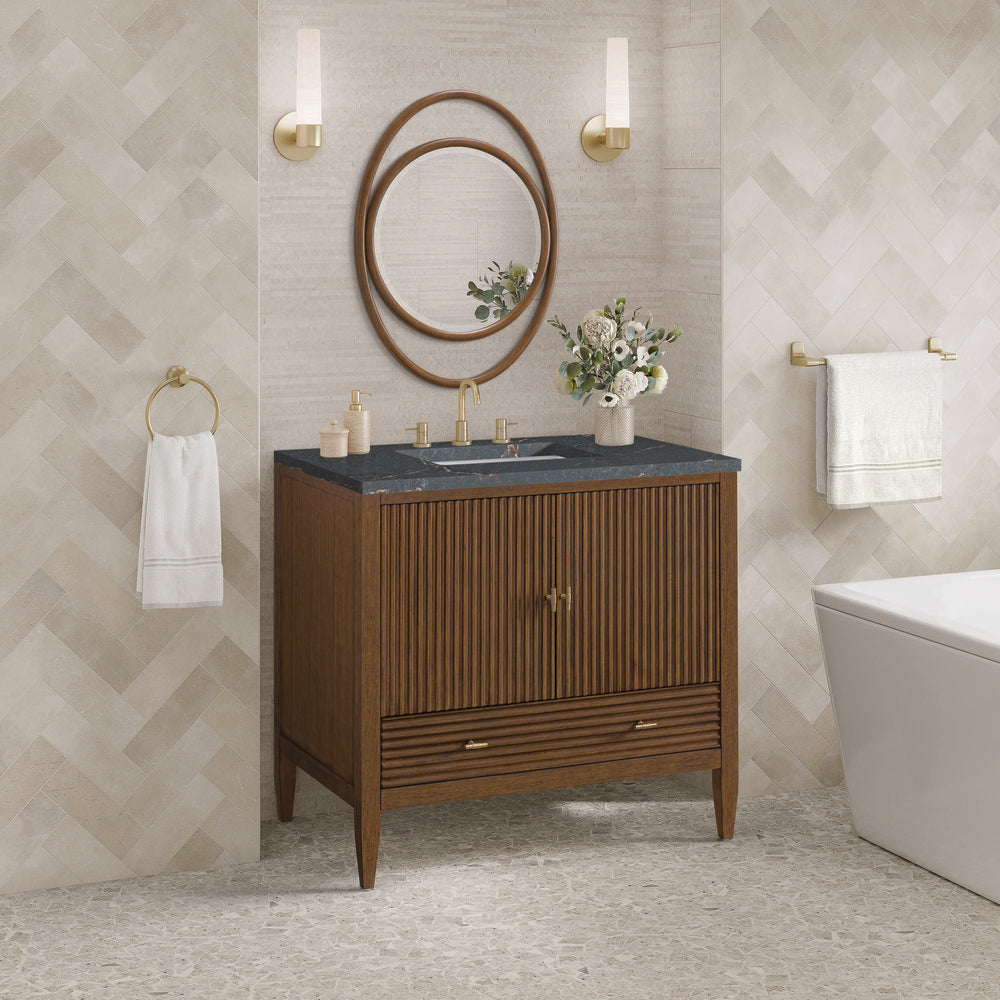James Martin - Myrrin 36" Vanity, Mid Century Walnut w/ 3 CM Parisien Bleu Silestone Top - 485-V36-WLT-3PBL view 4