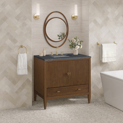 James Martin - Myrrin 36" Vanity, Mid Century Walnut w/ 3 CM Parisien Bleu Silestone Top - 485-V36-WLT-3PBL view 4