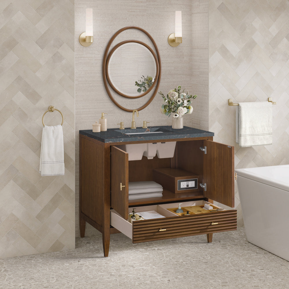 James Martin - Myrrin 36" Vanity, Mid Century Walnut w/ 3 CM Parisien Bleu Silestone Top - 485-V36-WLT-3PBL view 5