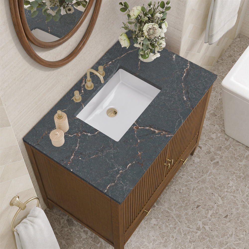 James Martin - Myrrin 36" Vanity, Mid Century Walnut w/ 3 CM Parisien Bleu Silestone Top - 485-V36-WLT-3PBL view 7