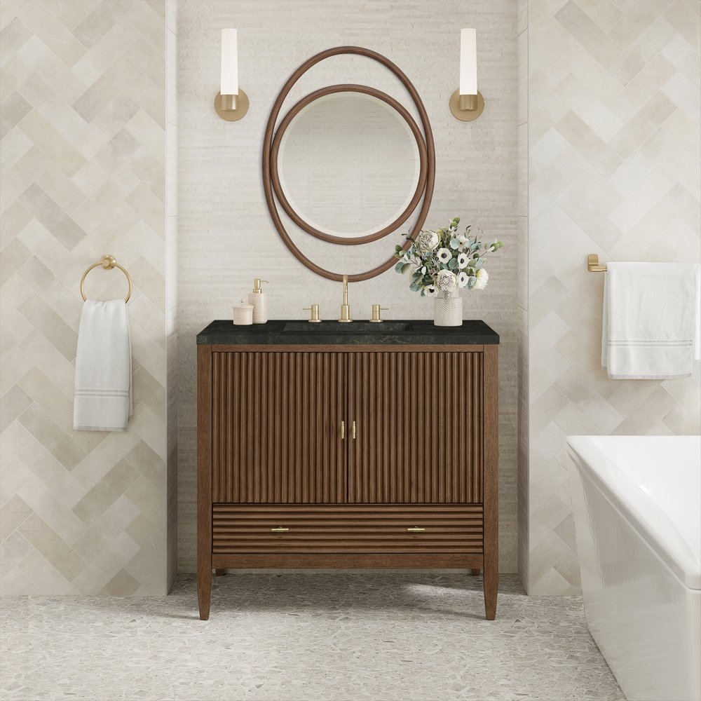 James Martin - Myrrin 36" Vanity, Mid Century Walnut, w/ 3 CM Phantome Eclos Top - 485-V36-WLT-3PHT view 3
