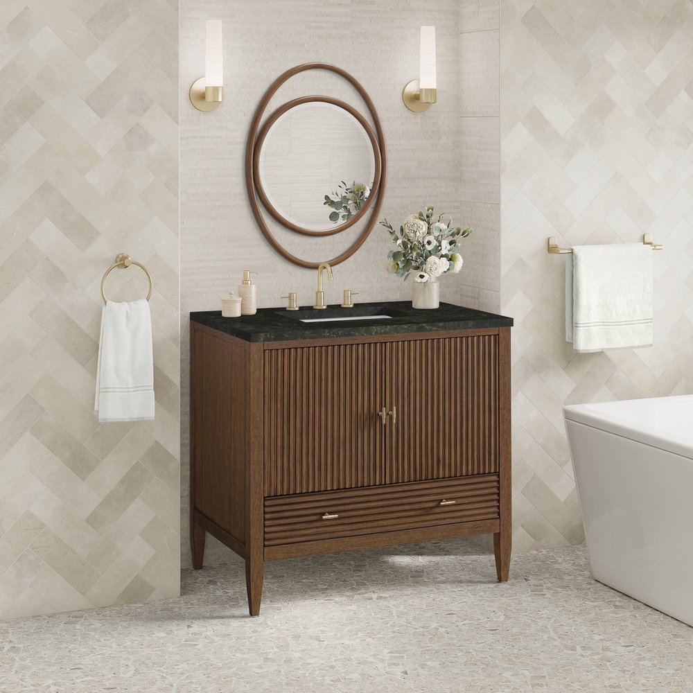 James Martin - Myrrin 36" Vanity, Mid Century Walnut, w/ 3 CM Phantome Eclos Top - 485-V36-WLT-3PHT view 4