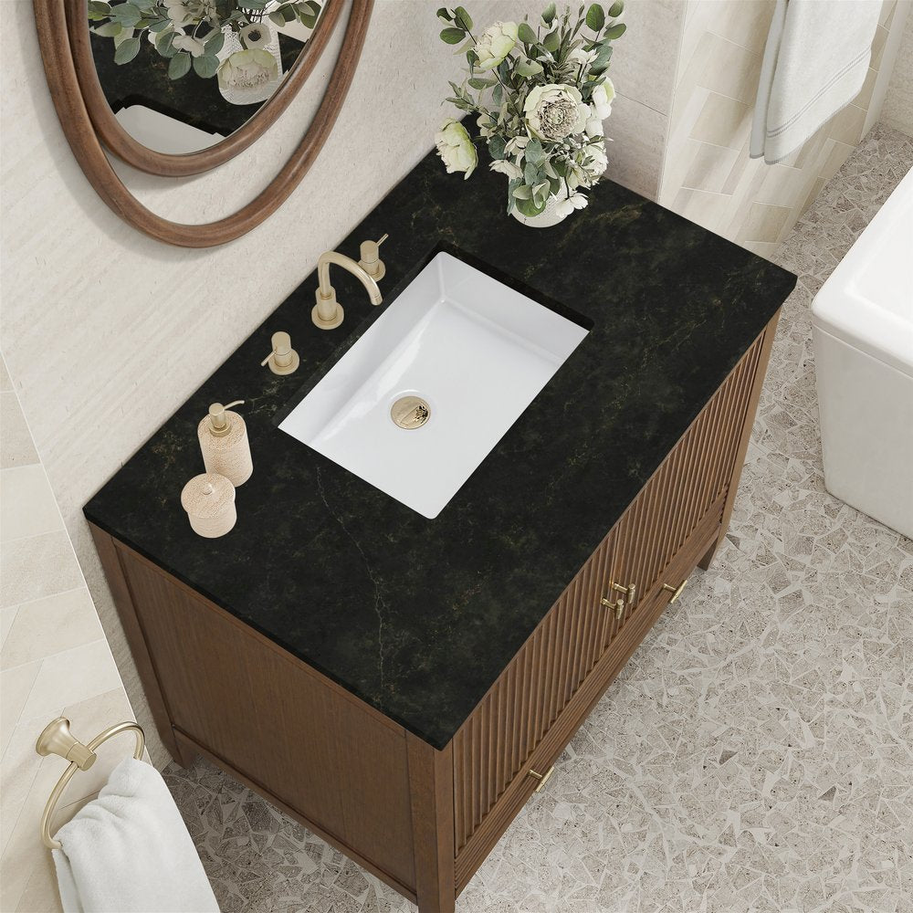 James Martin - Myrrin 36" Vanity, Mid Century Walnut, w/ 3 CM Phantome Eclos Top - 485-V36-WLT-3PHT view 7
