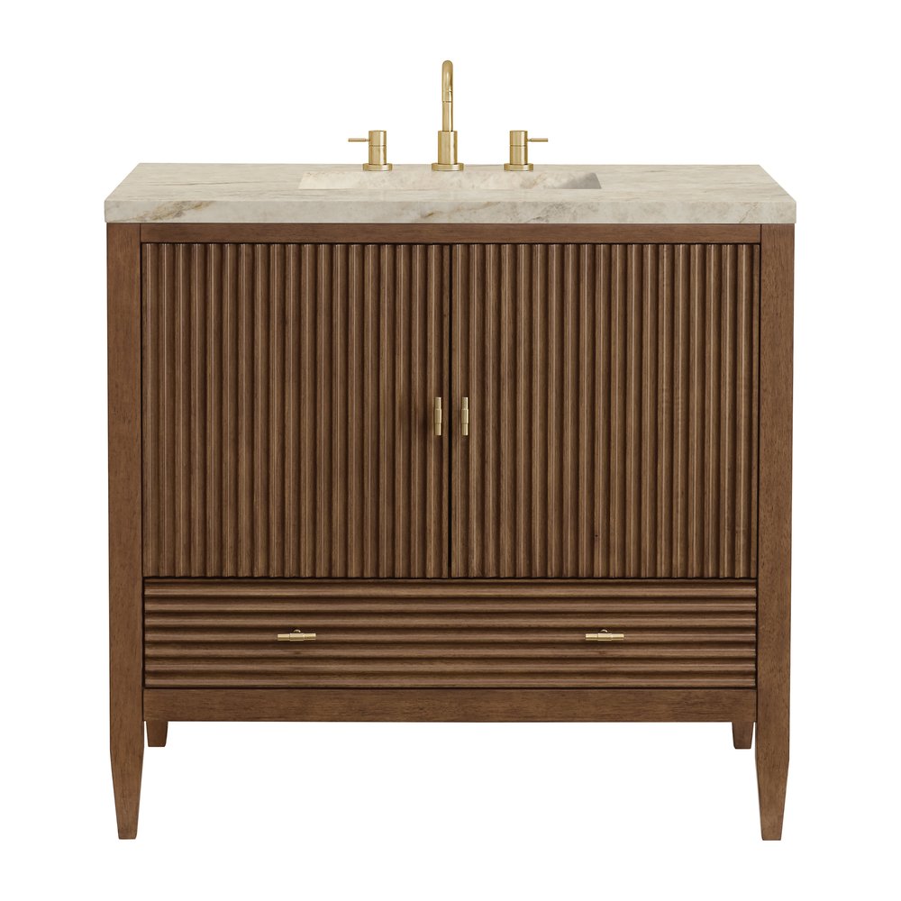 James Martin - Myrrin 36" Vanity, Mid Century Walnut, w/ 3 CM Tajnar Eclos Top - 485-V36-WLT-3TJR view 1
